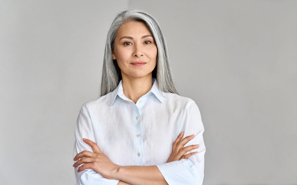 sophisticated grey hair woman